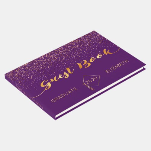 Graduation party purple gold confetti guest book