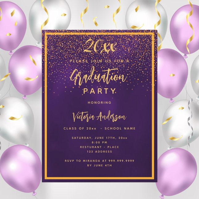 Graduation party purple gold confetti invitation postcard (Creator Uploaded)