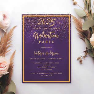 Graduation party purple gold confetti luxury invitation