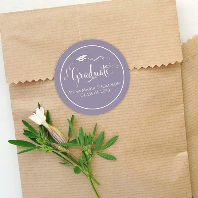 Graduation Party Purple Script Personalized Classic Round Sticker (Creator Uploaded)