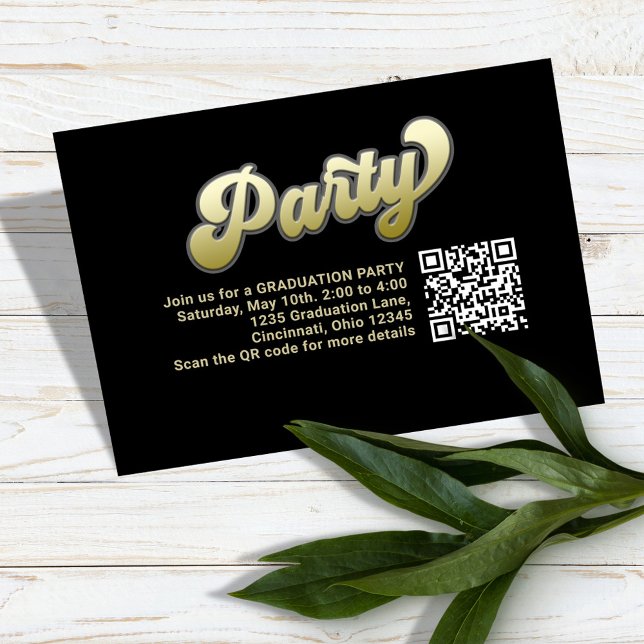 Graduation Party QR Code Gold Modern Typography  Enclosure Card (Graduation black and gold enclosure card with scannable QR Code. )