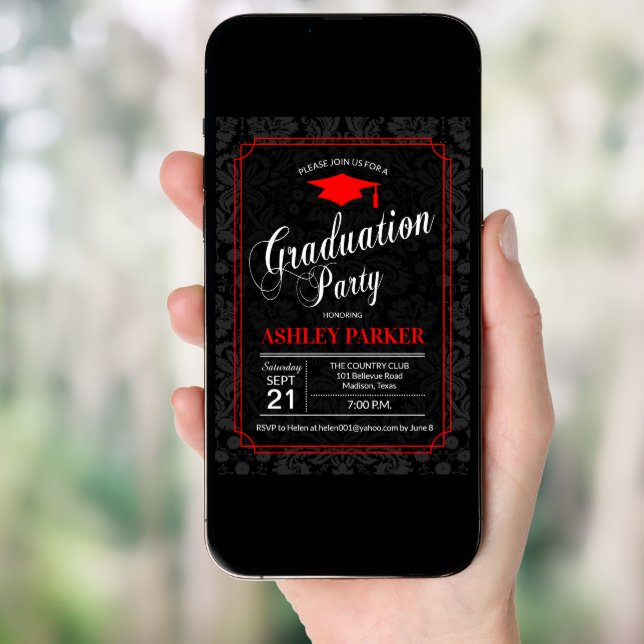 Graduation Party - Red Black White Damask Invitation (Front Digital)