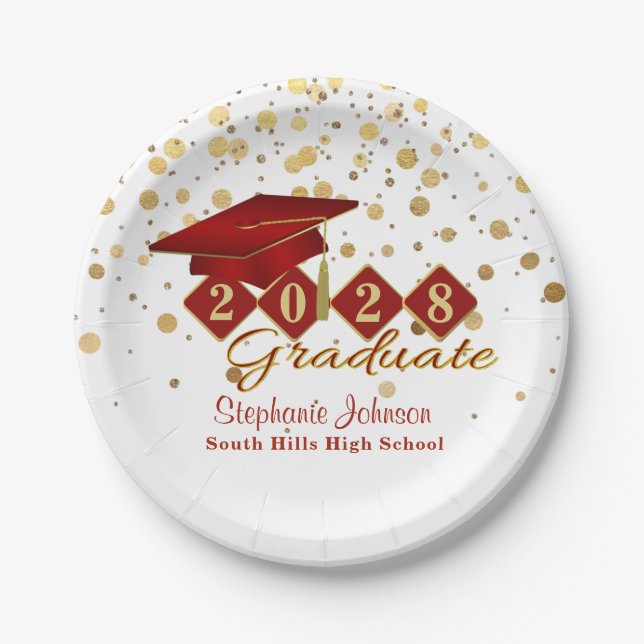 Graduation Party Red & Gold 20XX Paper Plates (Front)
