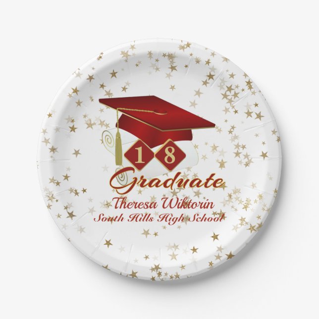 Graduation Party Red & Gold 20XX Paper Plates (Front)