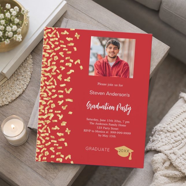 Graduation party red gold photo invitation (Creator Uploaded)