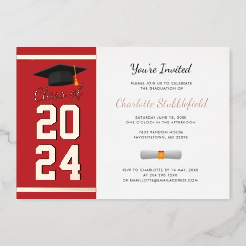 Graduation Party Red Script Grad 2024 Rose Gold Foil Invitation