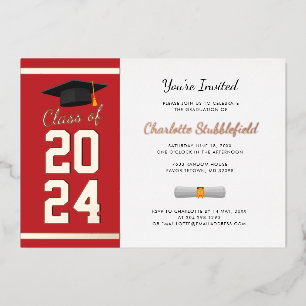 Graduation Party Red Script Grad 2025 Rose Gold Foil Invitation