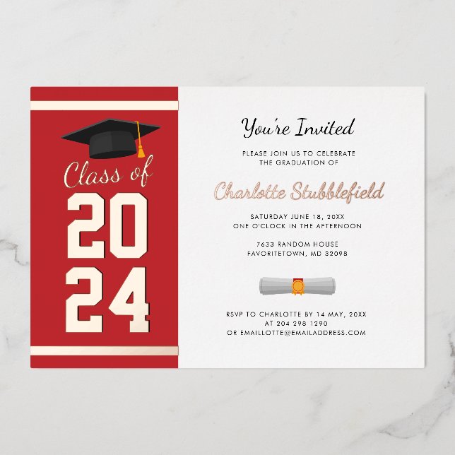 Graduation Party Red Script Grad 2025 Rose Gold Foil Invitation (Front)