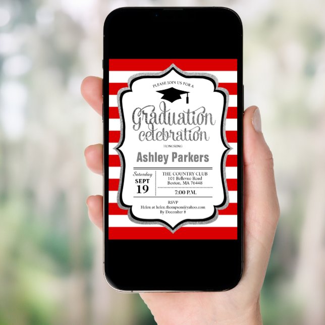 Graduation Party - Red Silver Black White Invitation (Front Digital)