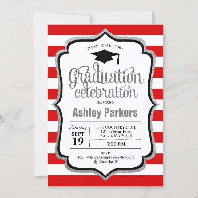 Graduation Party - Red Silver Black White Invitation (Front)
