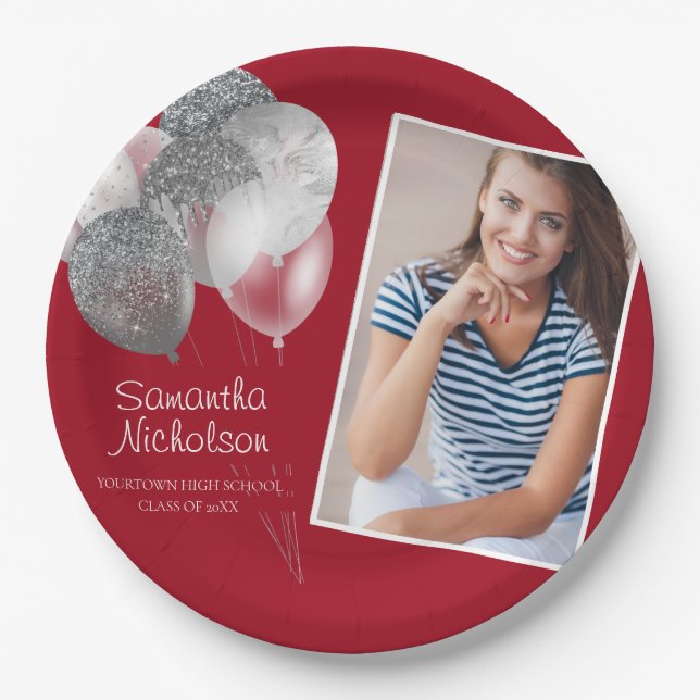Graduation Party Red Silver Glitter Balloons Photo Paper Plates (Front)