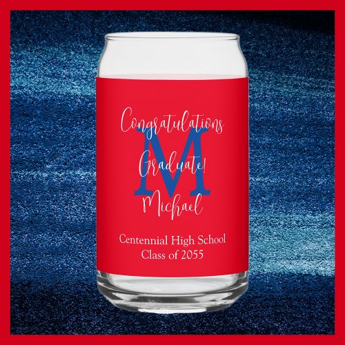 Graduation Party Red White Blue Monogram Name Can Glass