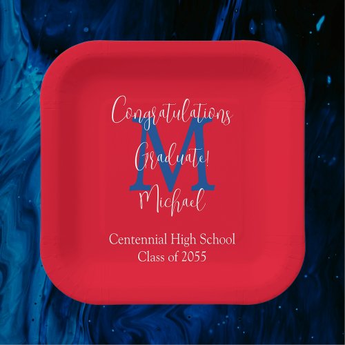 Graduation Party Red White Blue Name Monogram Paper Plates