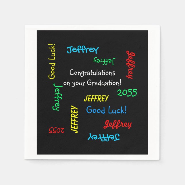 Graduation Party Repeating Names Black Paper Napkins (Front)