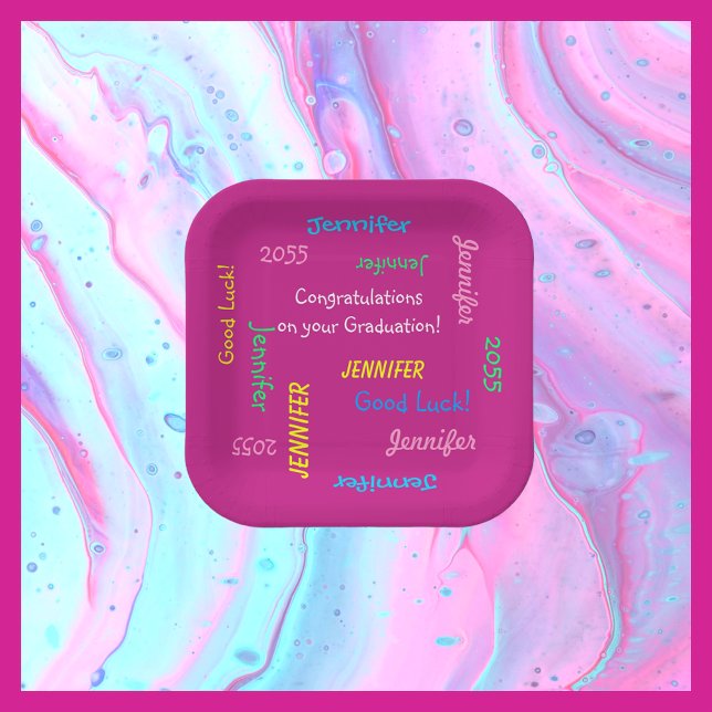 Graduation Party Repeating Names FUN Hot Pink Paper Plates (Creator Uploaded)