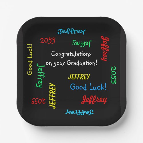 Graduation Party Repeating Names Square Black Paper Plates