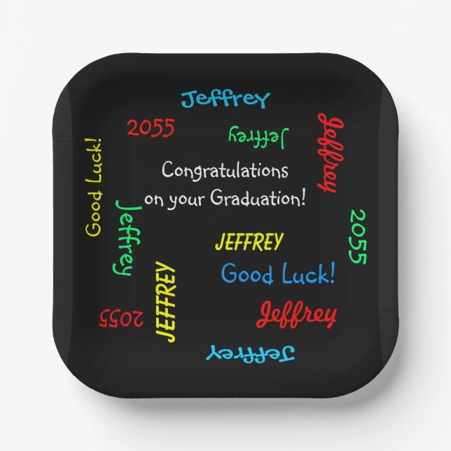 Graduation Party Repeating Names Square Black Paper Plates (Front)