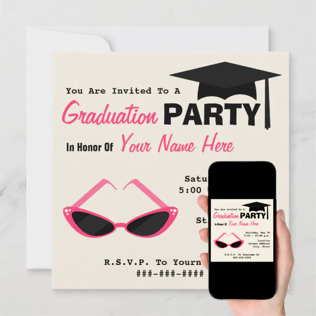 Graduation Party Retro Cat Eye Pink Sunglasses Invitation | Zazzle