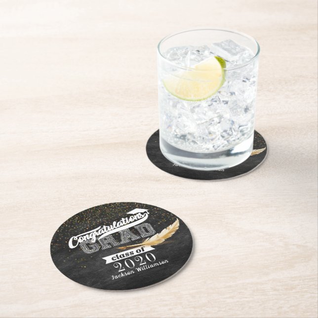 Graduation Party Retro Chalkboard Personalized Round Paper Coaster (Insitu)