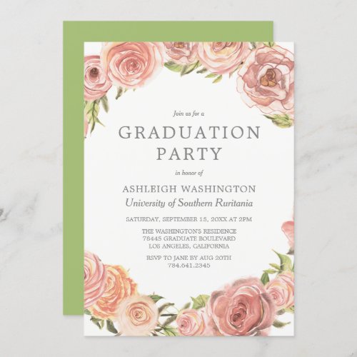 Graduation Party | Romantic Watercolor Roses Invitation - ABOUT THIS DESIGN. Graduation Party | Romantic Watercolor Roses Invitation Template. Create your own romantic graduation party invitations by customizing this trendy design. Click to personalize and change (1) template text and (2) colors, choose from a large variety of (1) paper textures, (2) border shapes and (3) sizes to make these graduation party invitations truly unique.