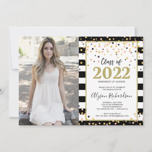 Graduation party rose gold black white photo invit invitation