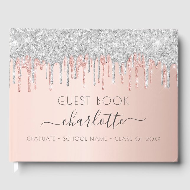 Graduation party rose gold glitter drips guest book (Front)