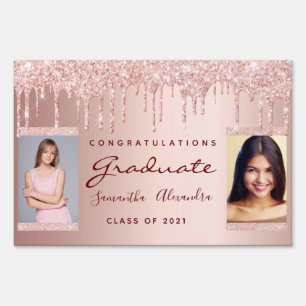 Graduation party rose gold glitter two photo sign
