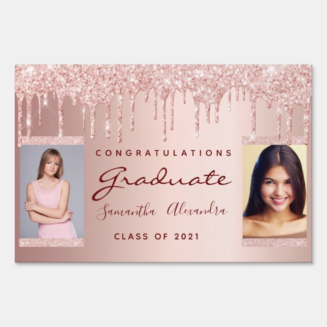 Graduation party rose gold glitter two photo sign (Front)