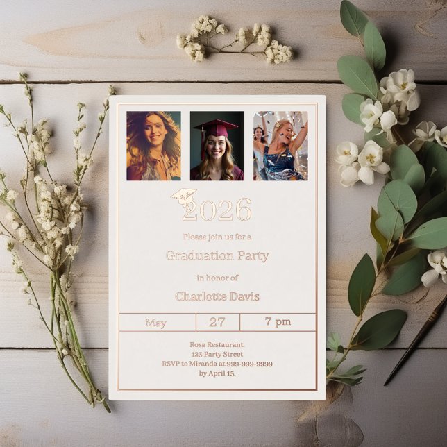 Graduation party rose gold photo luxury foil invitation (Creator Uploaded)