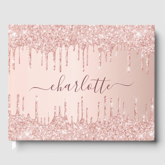Graduation party rose gold pink drips name guest book (Front)