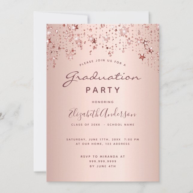 Graduation party rose gold pink stars invitation (Front)