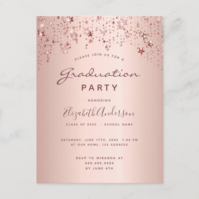 Graduation party rose gold stars invitation postcard (Front)