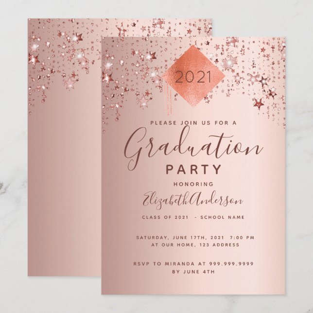 Graduation party rose gold topper stars invitation (Front/Back)