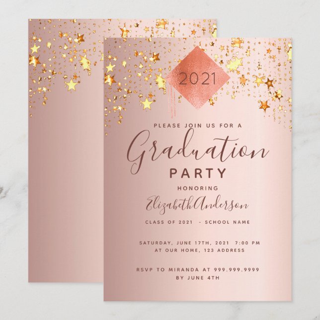 Graduation party rose gold topper stars invitation (Front/Back)