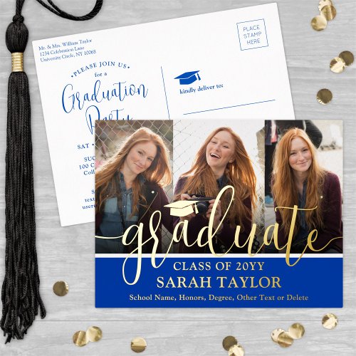 Graduation Party Royal Blue 3 Photo Modern Script