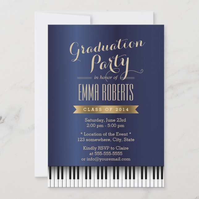 Graduation Party Royal Blue Piano Keys Music Major Invitation (Front)