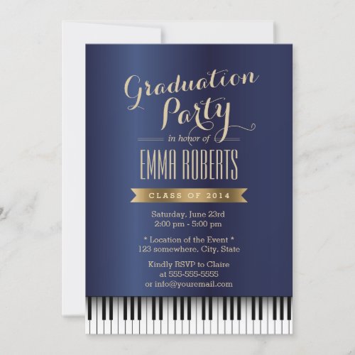 Graduation Party Royal Blue Piano Keys Music Major Invitation