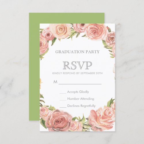 Graduation Party RSVP | Romantic Watercolor Roses Invitation - ABOUT THIS DESIGN. Graduation Party RSVP | Romantic Watercolor Roses Template. Create your own romantic graduation party RSVP cards by customizing this modern design. Click to personalize and change (1) template text and (2) colors to make these graduation party RSVP cards truly unique.