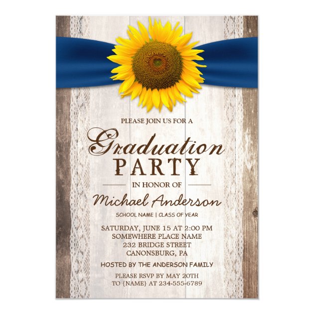 Graduation Party Rustic Barn Wood Sunflower Ribbon Card (front side)