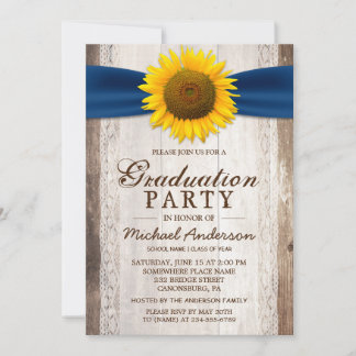 Graduation Party Rustic Barn Wood Sunflower Ribbon Invitation