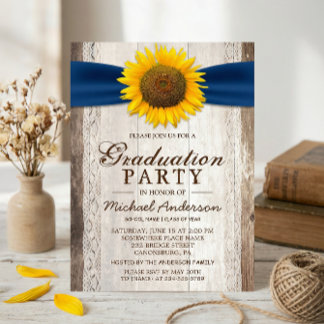 Graduation Party Rustic Barn Wood Sunflower Ribbon Invitation