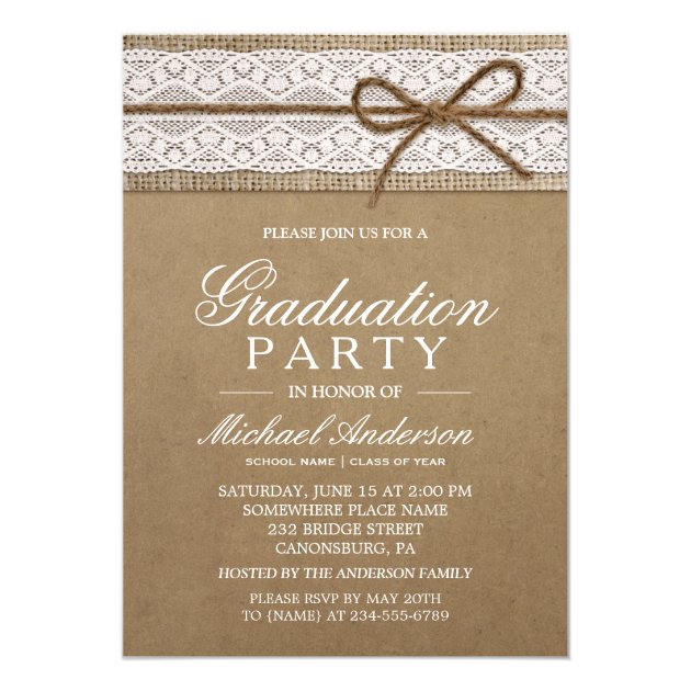 Graduation Party Rustic Burlap String Bow Lace Card (front side)