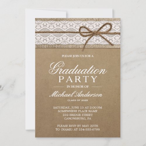 Graduation Party Rustic Burlap String Bow Lace Card