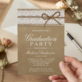 Graduation Party Rustic Burlap String Bow Lace Invitation