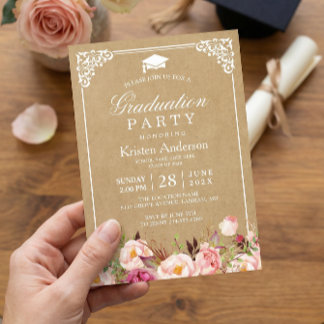 Graduation Party | Rustic Floral Frame Kraft Invitation