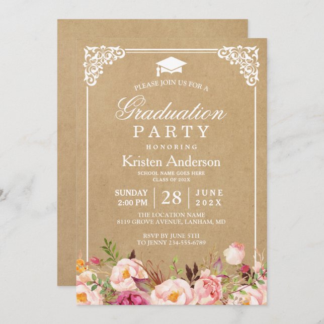 Graduation Party | Rustic Floral Frame Kraft Invitation (Front/Back)