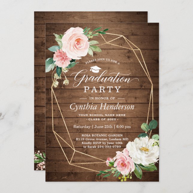 Graduation Party Rustic Geometric Blush Floral Invitation (Front/Back)