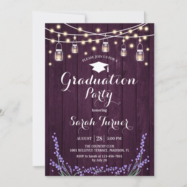Graduation Party - Rustic Purple Wood Lavender Invitation (Front)