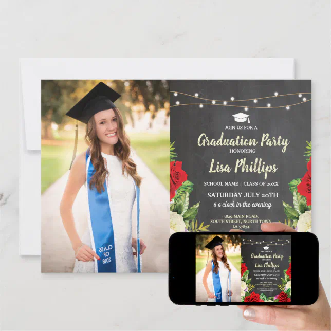 Graduation Party Rustic Red Roses Chalk Photo Invitation | Zazzle