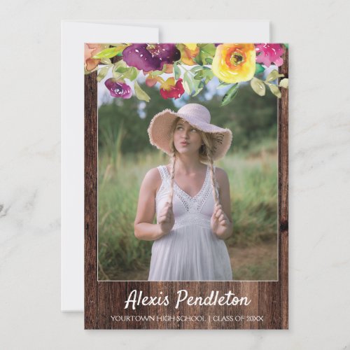 Graduation Party Rustic Wood Colorful Floral Photo Invitation